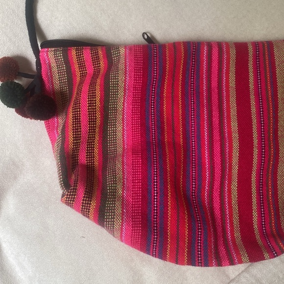 mexican fabric striped colorful w neon fabric cross body purse, w pom pom - Picture 7 of 12